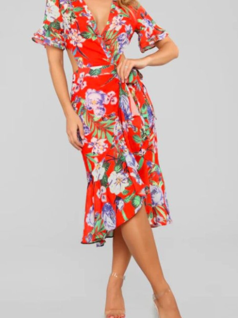 Fashion Nova Fully Bloomed Red Floral Wrap Midi Dress Ruffle Hem XL. NWT
